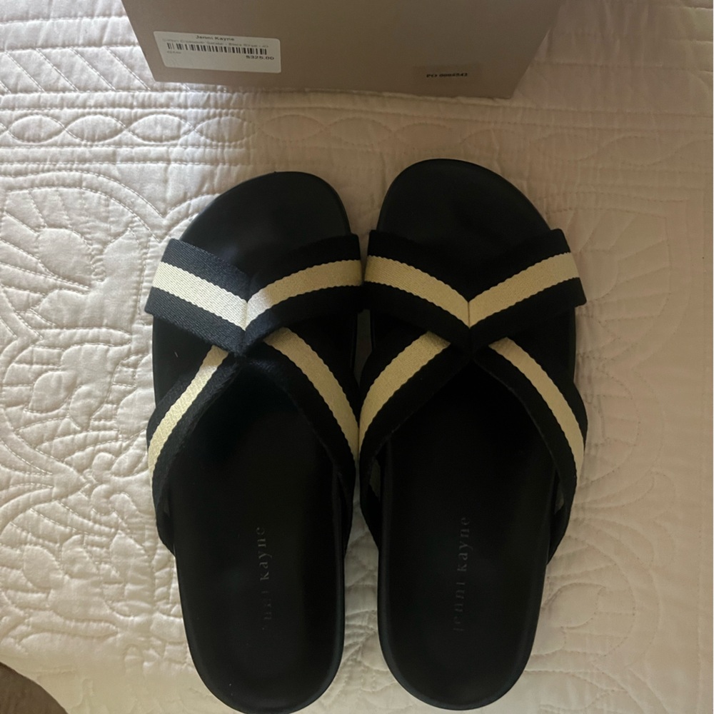 Jenni Kayne Black and Cream Crisscross Slide Sandals